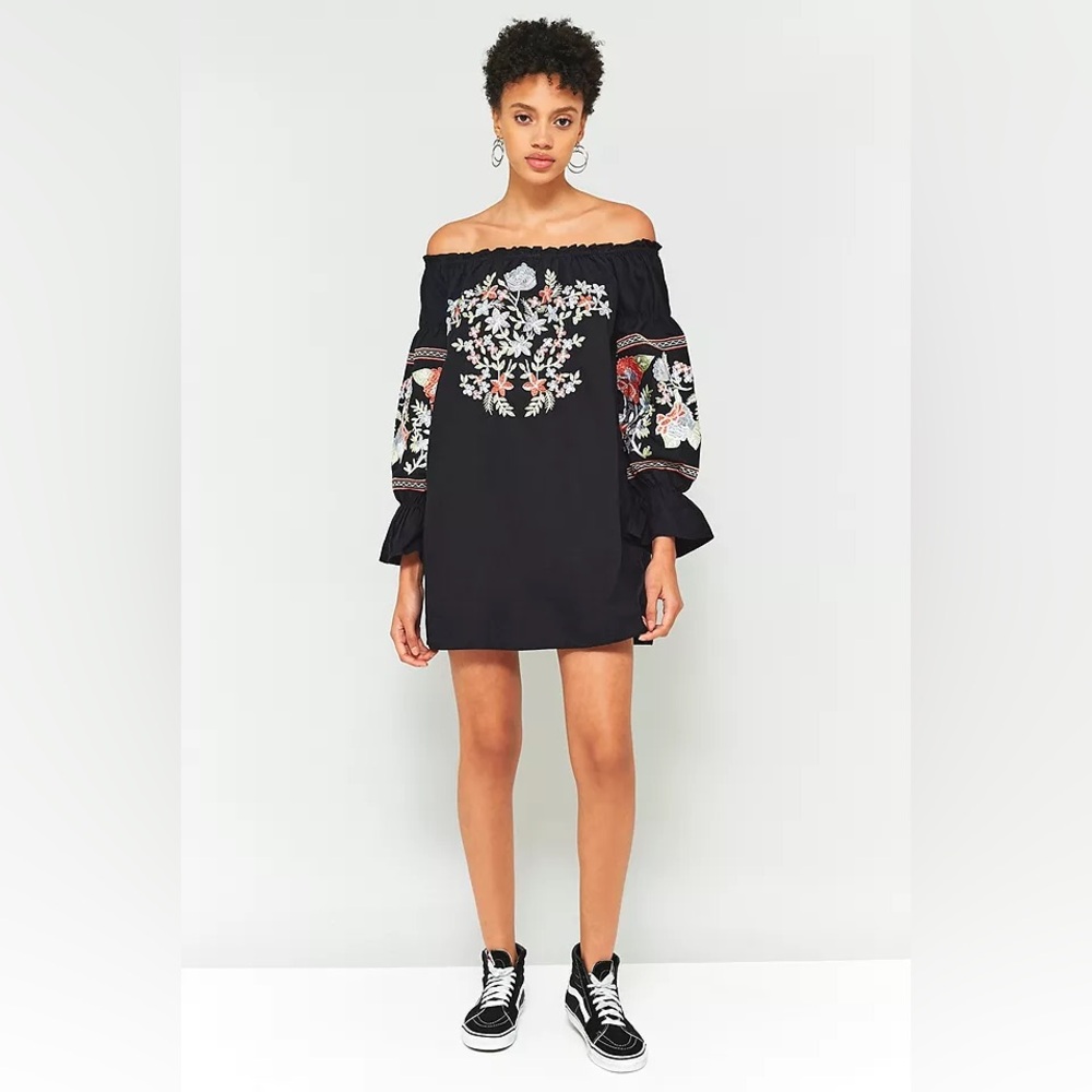 NWT Free People Fleur De Jour Black Embroidered OTS Mini Dress XS Boho Floral